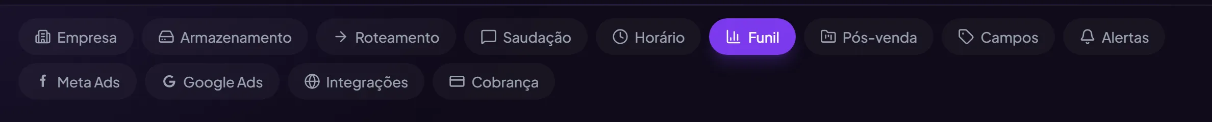 A barra de abas das Configurações, de Empresa até Cobrança.