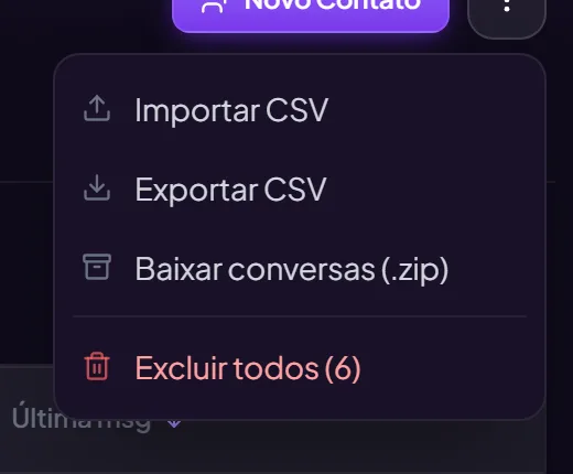 O menu de ações da tela de Contatos, com a opção Importar CSV.