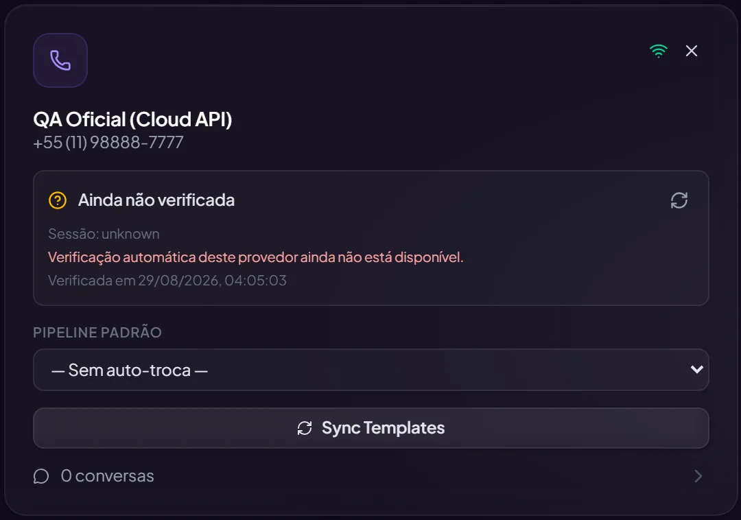 O card de uma instância em Minha Empresa, com o número, o painel de saúde da conexão e o funil padrão.