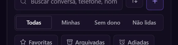 A barra de atalhos da fila, com Todas, Minhas, Sem dono e Não lidas, e abaixo Favoritas, Arquivadas e Adiadas.