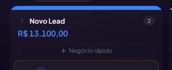 O topo de uma coluna do Kanban, com o nome da etapa, a quantidade de negócios, a soma dos valores e o botão Negócio rápido.