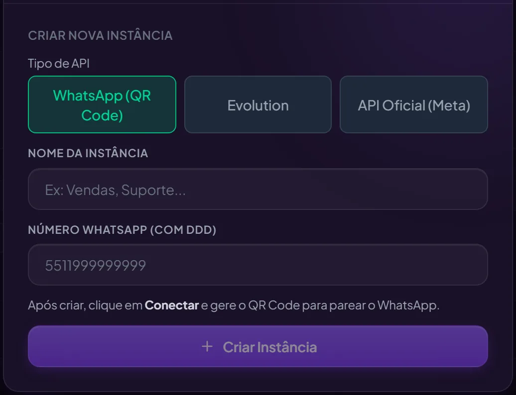 A janela de nova instância, com a escolha do tipo de API, o nome da instância e o número do WhatsApp.