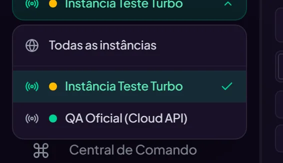 O seletor de instância aberto, com a opção Todas as instâncias e os números conectados.